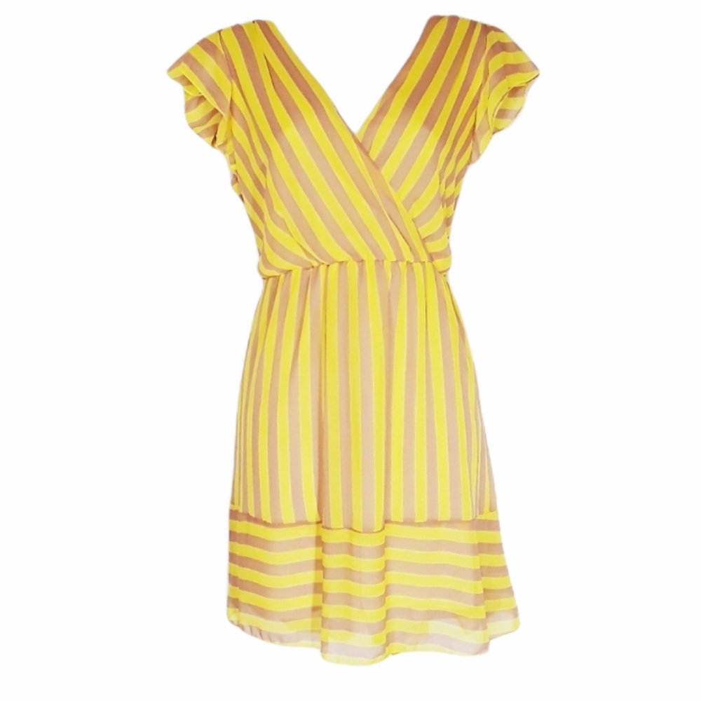 PEPPERMINT Tan Yellow Stripe Ruffle Short Sleeve V-Neck Dress Large